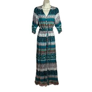 NWT Boutique Green Floral Paisley Boho 3/4 Sleeve Maxi Dress Size Small